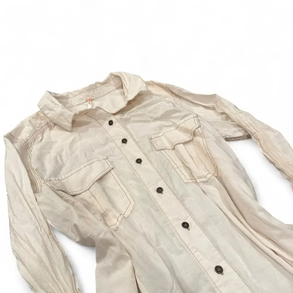 Free People Coastal Ivory Contrast Stitch Oversized Button Down Coverup Size S-L